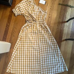 Gingham Off-Shoulder Dress in Yellow/camel yellow and White- pockets & cut-out